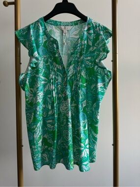 Lilly Pulitzer Green and White Floral V-Neck Ruffle Cap-Sleeve Camisole